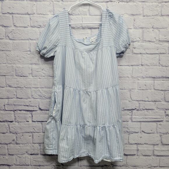 Lost + Wander Dresses & Skirts - Lost + Wander Light Blue Striped Dress Size M Puff Sleeves Tiered A-Line Smocked